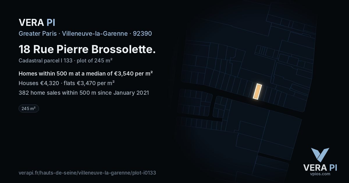 18 Rue Pierre Brossolette, Villeneuve-la-Garenne at night – the plot lit, the parcels around coloured by the prices near them