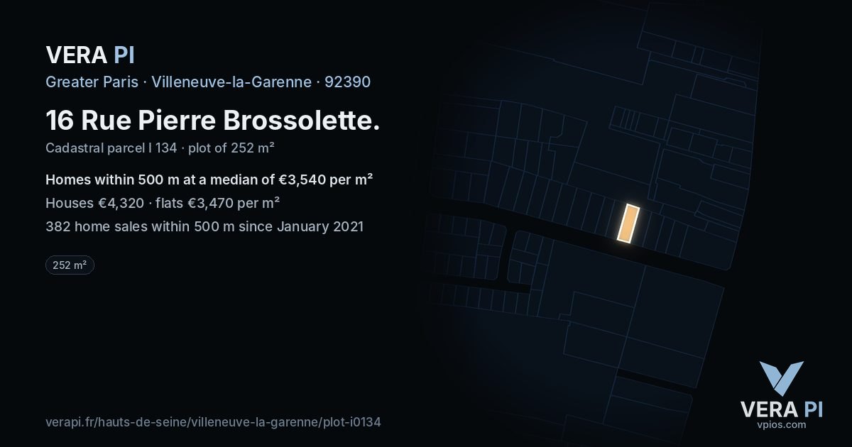 16 Rue Pierre Brossolette, Villeneuve-la-Garenne at night – the plot lit, the parcels around coloured by the prices near them