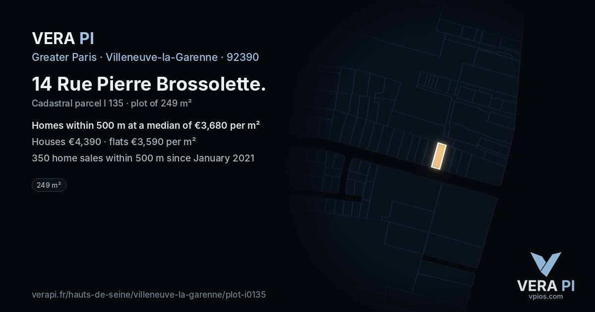 14 Rue Pierre Brossolette, Villeneuve-la-Garenne at night – the plot lit, the parcels around coloured by the prices near them