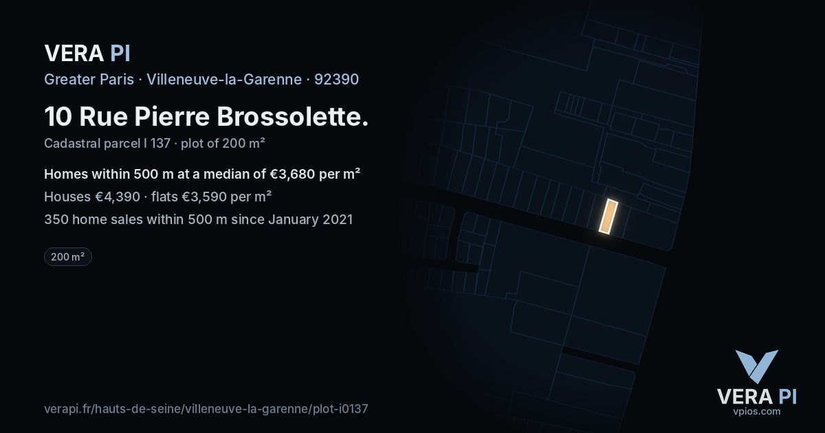 10 Rue Pierre Brossolette, Villeneuve-la-Garenne at night – the plot lit, the parcels around coloured by the prices near them