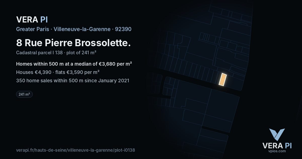 8 Rue Pierre Brossolette, Villeneuve-la-Garenne at night – the plot lit, the parcels around coloured by the prices near them