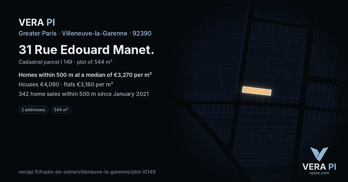 31 Rue Edouard Manet, Villeneuve-la-Garenne at night – the plot lit, the parcels around coloured by the prices near them