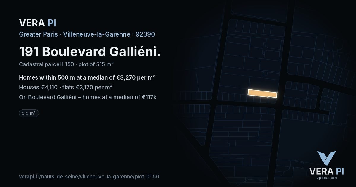 191 Boulevard Galliéni, Villeneuve-la-Garenne at night – the plot lit, the parcels around coloured by the prices near them