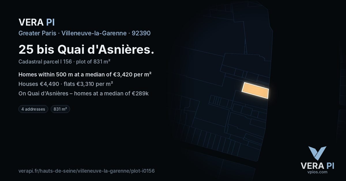 25 bis Quai d'Asnières, Villeneuve-la-Garenne at night – the plot lit, the parcels around coloured by the prices near them