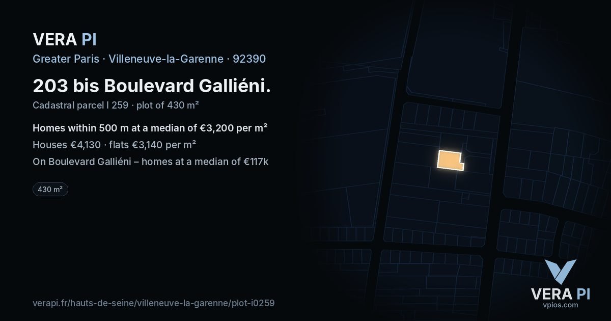 203 bis Boulevard Galliéni, Villeneuve-la-Garenne at night – the plot lit, the parcels around coloured by the prices near them
