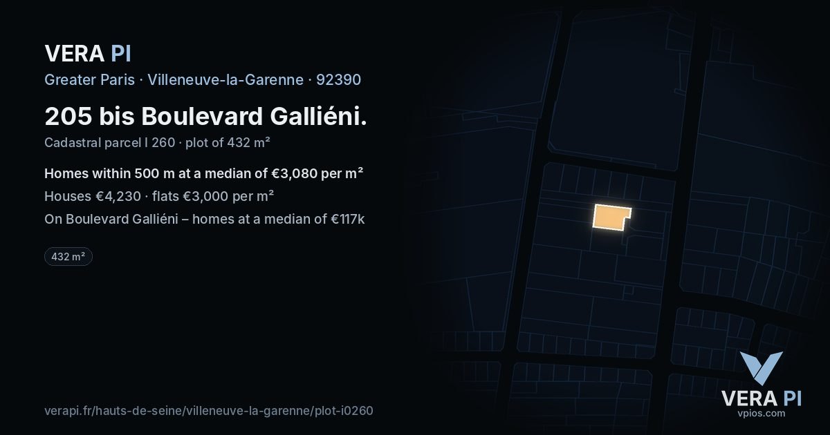 205 bis Boulevard Galliéni, Villeneuve-la-Garenne at night – the plot lit, the parcels around coloured by the prices near them