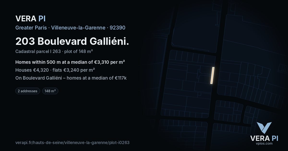 203 Boulevard Galliéni, Villeneuve-la-Garenne at night – the plot lit, the parcels around coloured by the prices near them