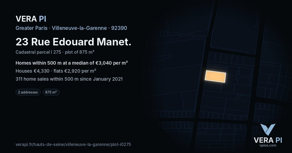 23 Rue Edouard Manet, Villeneuve-la-Garenne at night – the plot lit, the parcels around coloured by the prices near them