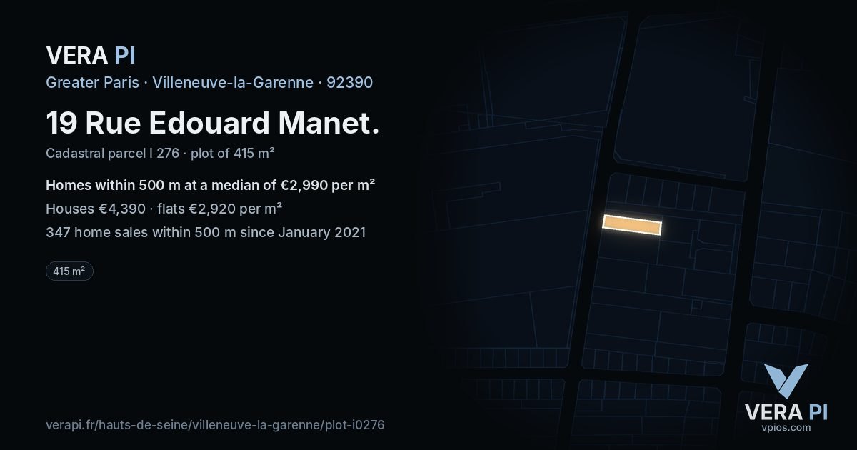 19 Rue Edouard Manet, Villeneuve-la-Garenne at night – the plot lit, the parcels around coloured by the prices near them