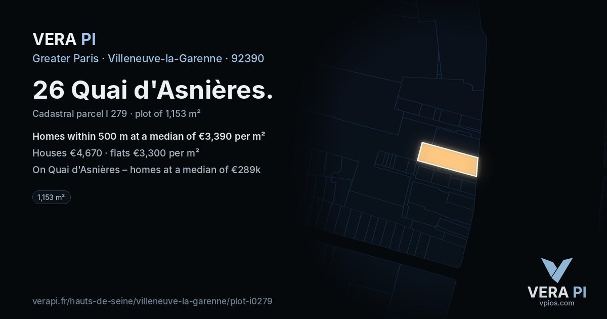 26 Quai d'Asnières, Villeneuve-la-Garenne at night – the plot lit, the parcels around coloured by the prices near them