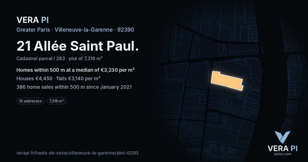 21 Allée Saint Paul, Villeneuve-la-Garenne at night – the plot lit, the parcels around coloured by the prices near them