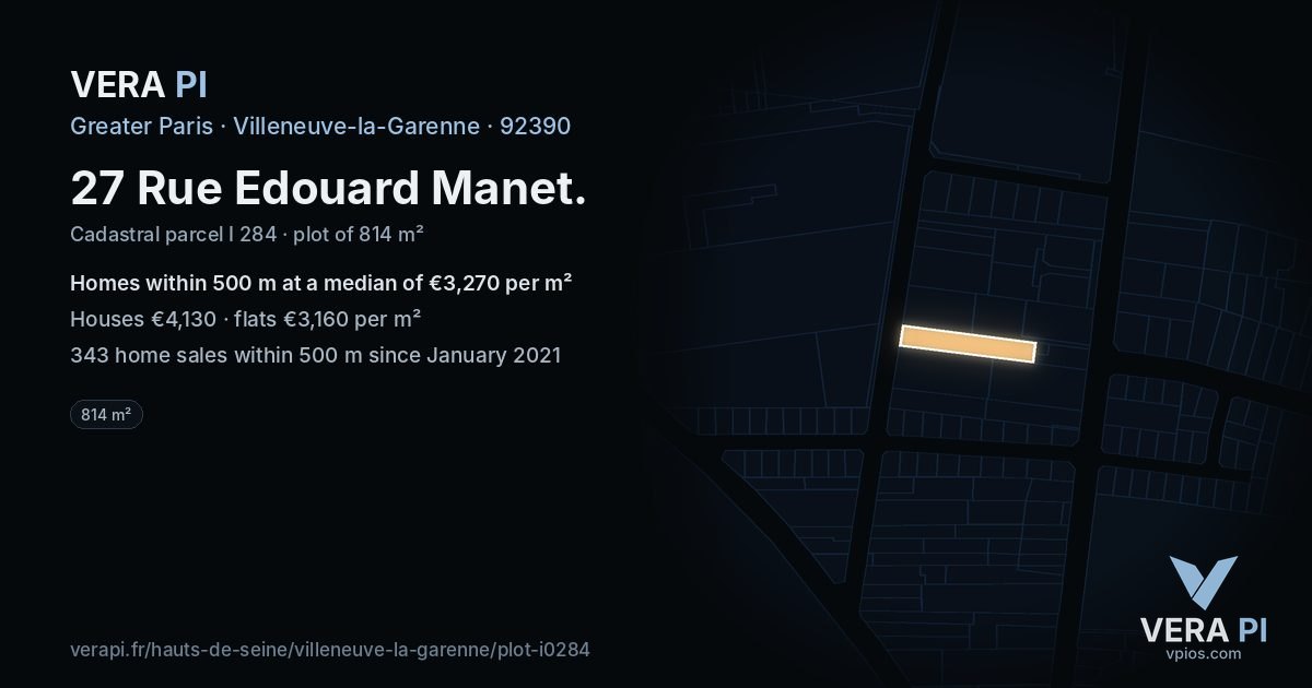 27 Rue Edouard Manet, Villeneuve-la-Garenne at night – the plot lit, the parcels around coloured by the prices near them