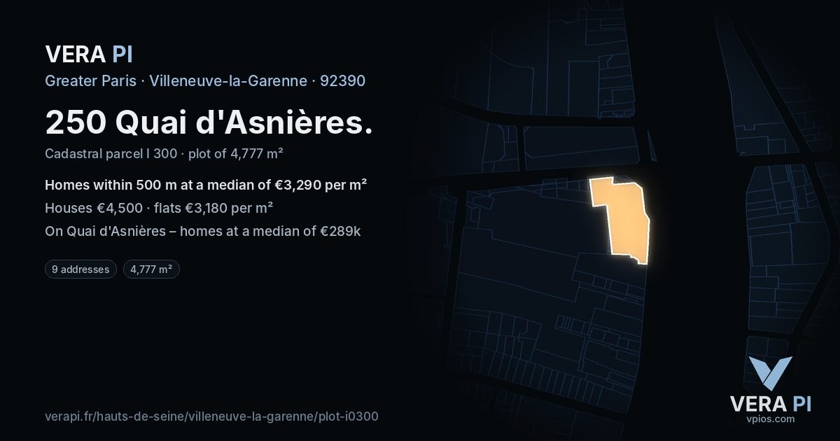 250 Quai d'Asnières, Villeneuve-la-Garenne at night – the plot lit, the parcels around coloured by the prices near them