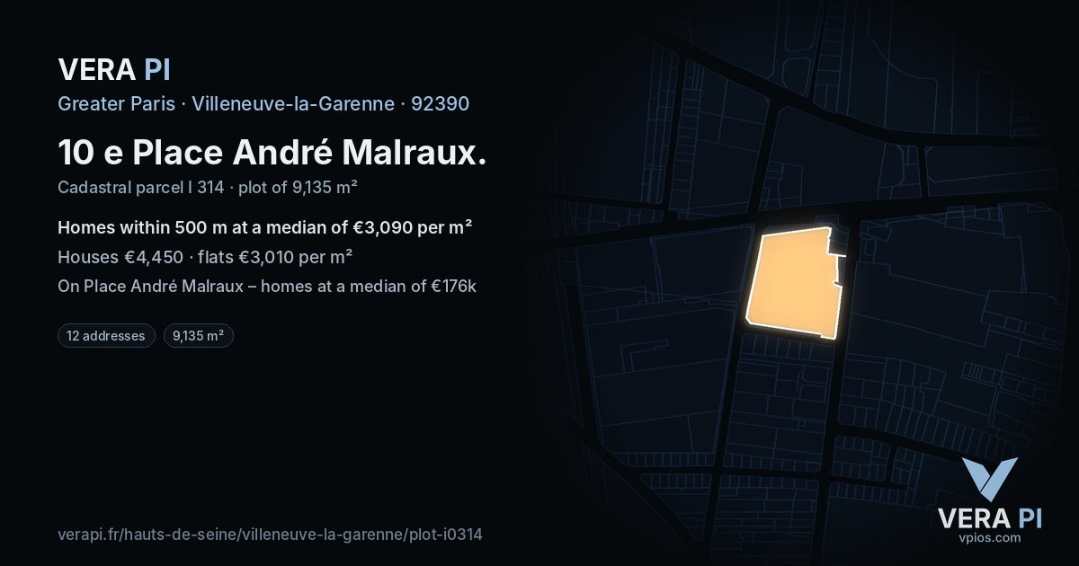 10 e Place André Malraux, Villeneuve-la-Garenne at night – the plot lit, the parcels around coloured by the prices near them