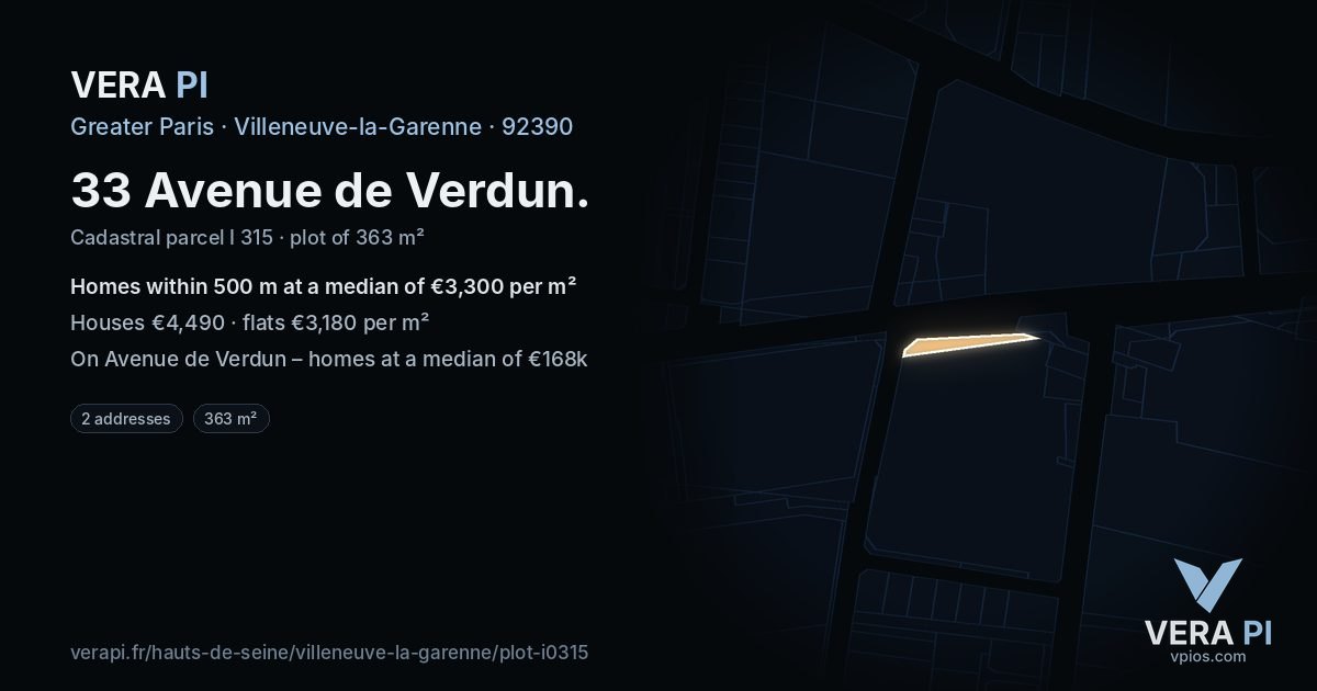 33 Avenue de Verdun, Villeneuve-la-Garenne at night – the plot lit, the parcels around coloured by the prices near them