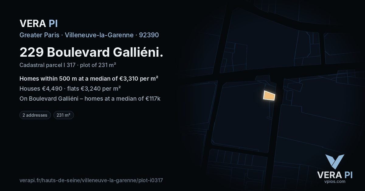 229 Boulevard Galliéni, Villeneuve-la-Garenne at night – the plot lit, the parcels around coloured by the prices near them