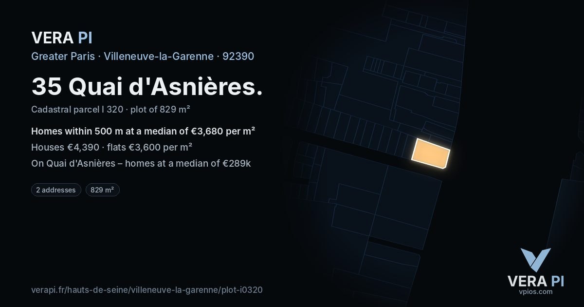 35 Quai d'Asnières, Villeneuve-la-Garenne at night – the plot lit, the parcels around coloured by the prices near them