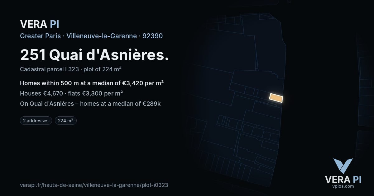251 Quai d'Asnières, Villeneuve-la-Garenne at night – the plot lit, the parcels around coloured by the prices near them