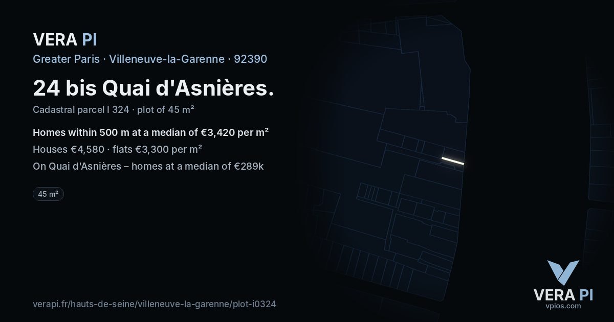 24 bis Quai d'Asnières, Villeneuve-la-Garenne at night – the plot lit, the parcels around coloured by the prices near them