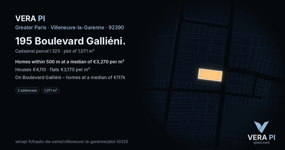 195 Boulevard Galliéni, Villeneuve-la-Garenne at night – the plot lit, the parcels around coloured by the prices near them