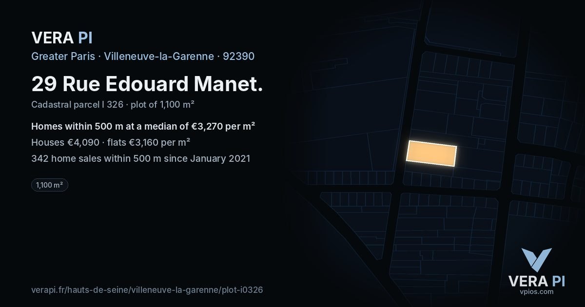 29 Rue Edouard Manet, Villeneuve-la-Garenne at night – the plot lit, the parcels around coloured by the prices near them