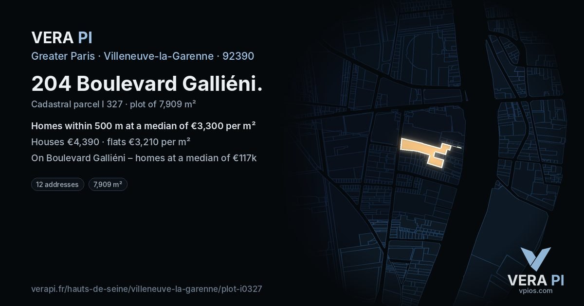 204 Boulevard Galliéni, Villeneuve-la-Garenne at night – the plot lit, the parcels around coloured by the prices near them