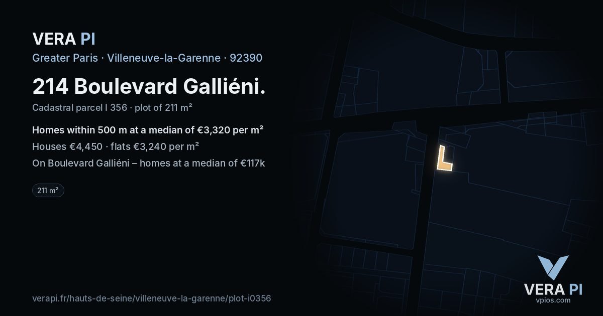 214 Boulevard Galliéni, Villeneuve-la-Garenne at night – the plot lit, the parcels around coloured by the prices near them