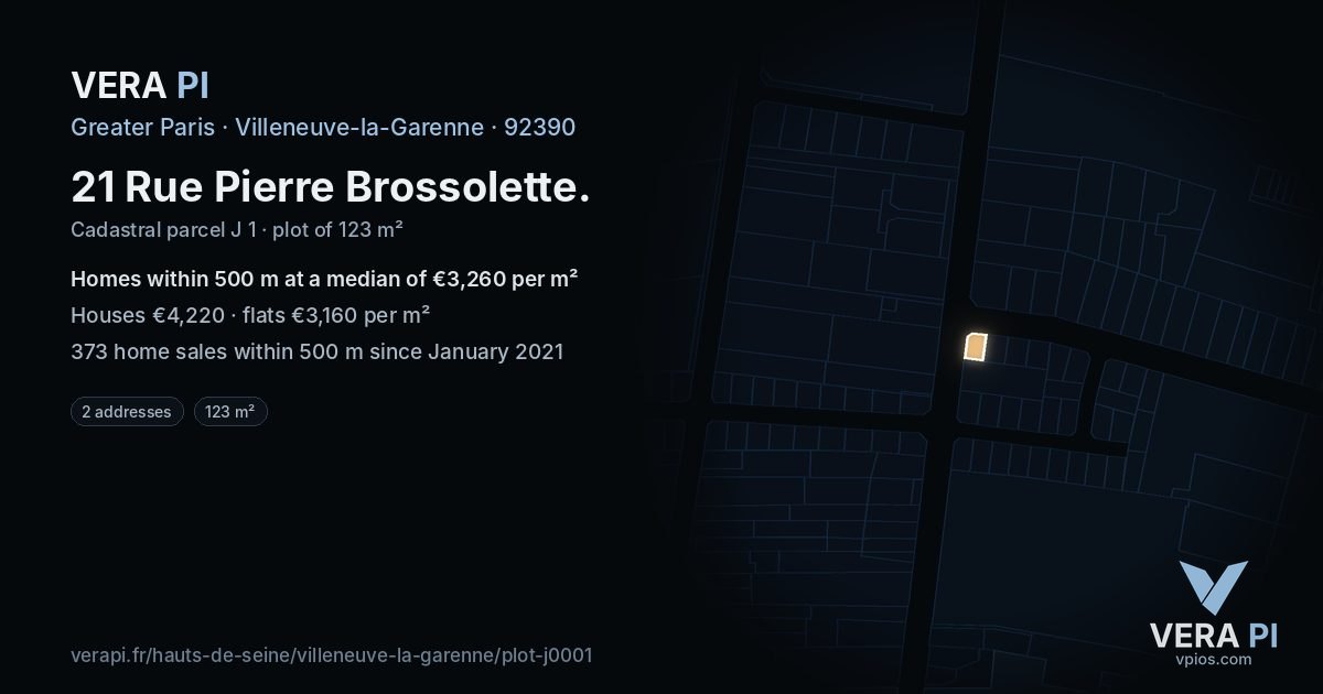 21 Rue Pierre Brossolette, Villeneuve-la-Garenne at night – the plot lit, the parcels around coloured by the prices near them