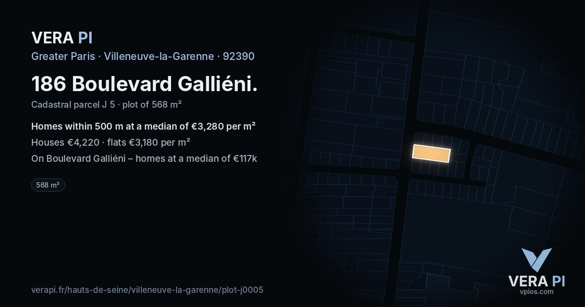 186 Boulevard Galliéni, Villeneuve-la-Garenne at night – the plot lit, the parcels around coloured by the prices near them
