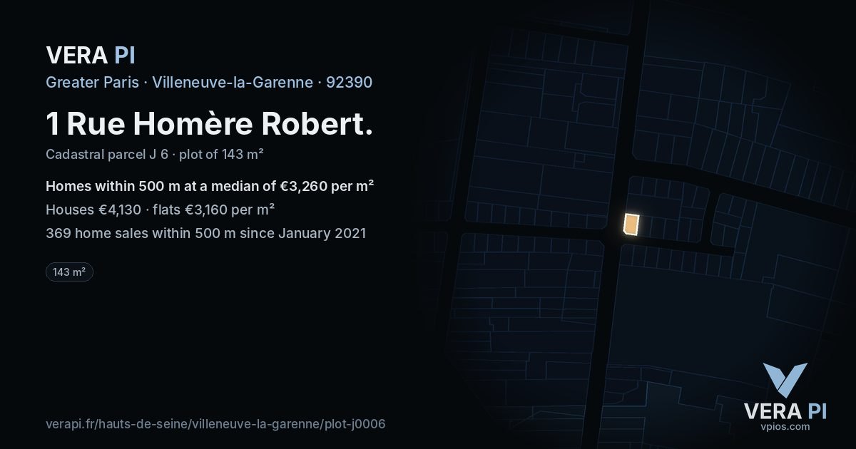 1 Rue Homère Robert, Villeneuve-la-Garenne at night – the plot lit, the parcels around coloured by the prices near them