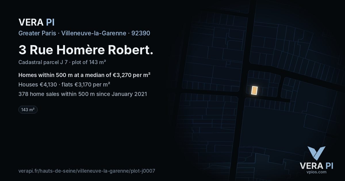 3 Rue Homère Robert, Villeneuve-la-Garenne at night – the plot lit, the parcels around coloured by the prices near them