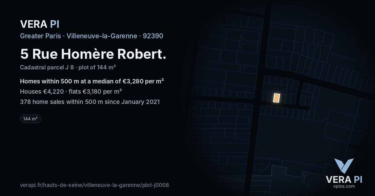 5 Rue Homère Robert, Villeneuve-la-Garenne at night – the plot lit, the parcels around coloured by the prices near them