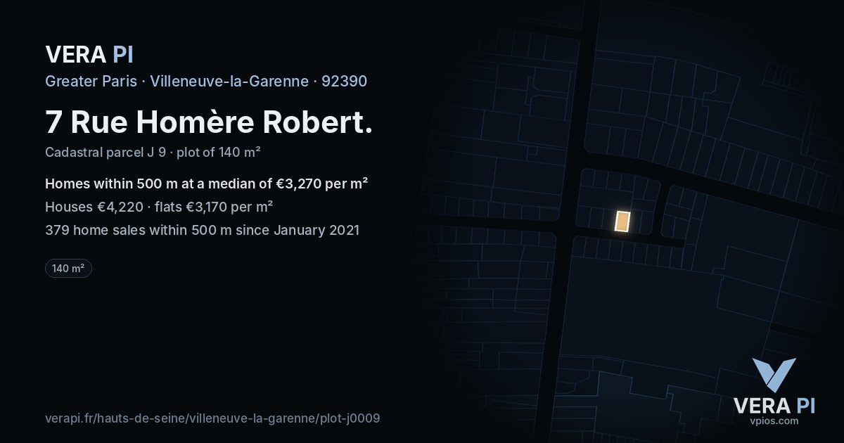 7 Rue Homère Robert, Villeneuve-la-Garenne at night – the plot lit, the parcels around coloured by the prices near them