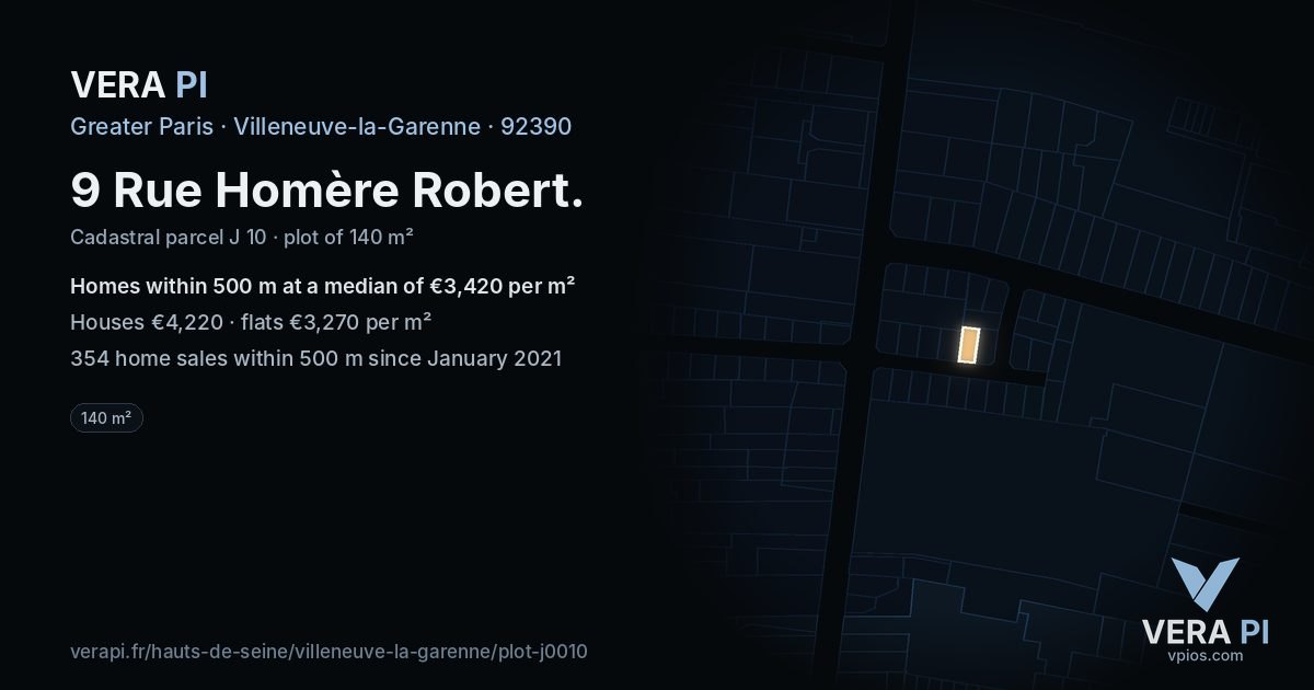 9 Rue Homère Robert, Villeneuve-la-Garenne at night – the plot lit, the parcels around coloured by the prices near them