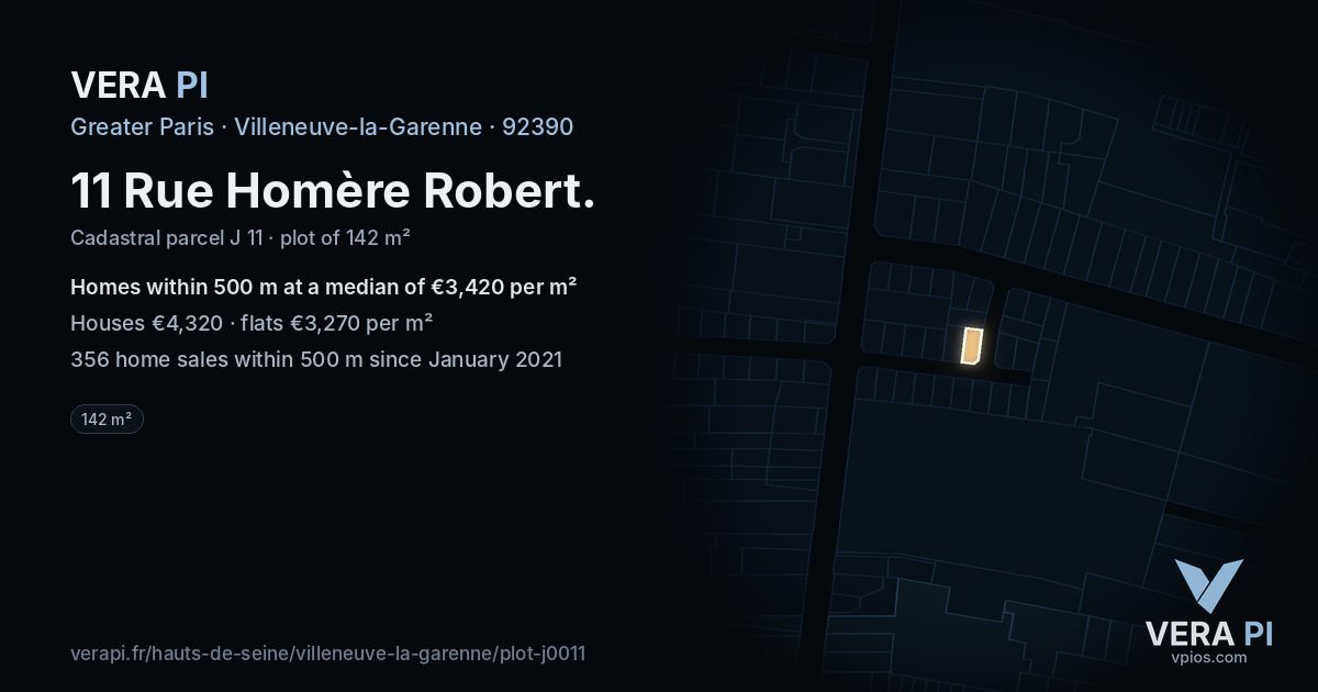 11 Rue Homère Robert, Villeneuve-la-Garenne at night – the plot lit, the parcels around coloured by the prices near them