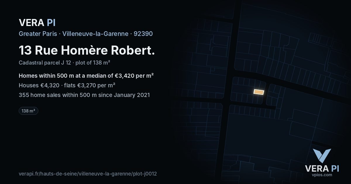 13 Rue Homère Robert, Villeneuve-la-Garenne at night – the plot lit, the parcels around coloured by the prices near them