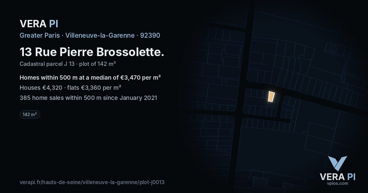 13 Rue Pierre Brossolette, Villeneuve-la-Garenne at night – the plot lit, the parcels around coloured by the prices near them