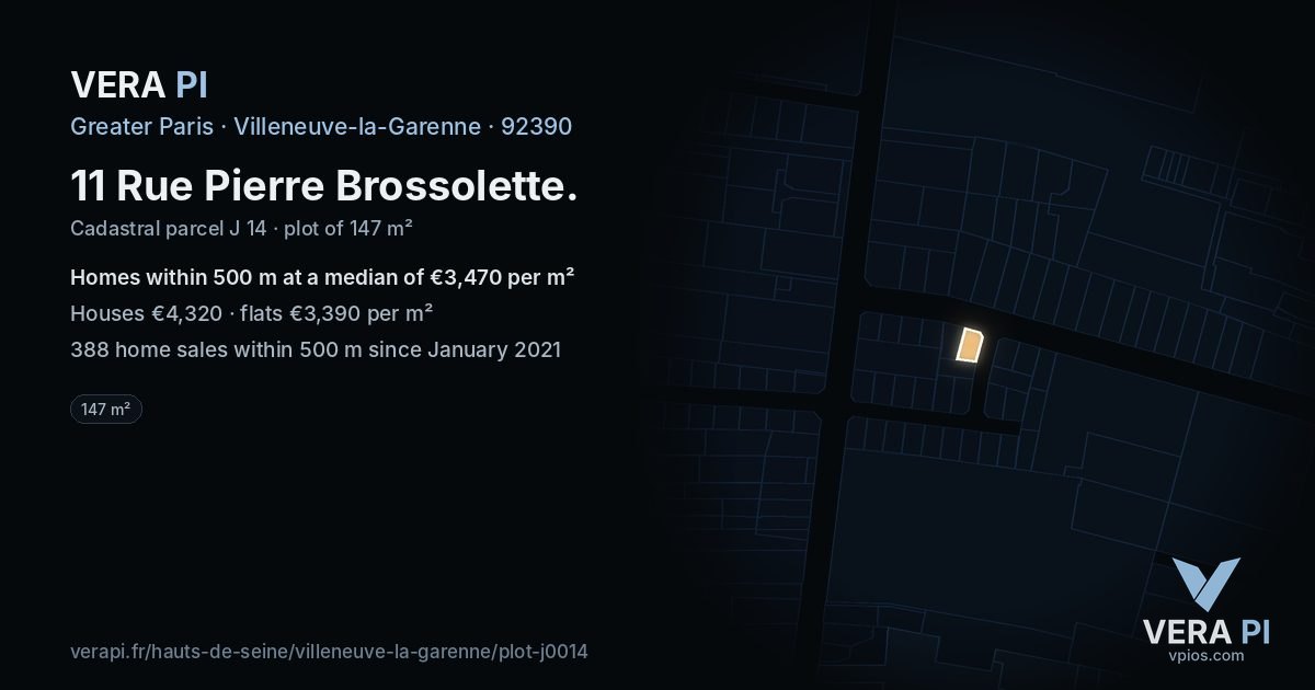 11 Rue Pierre Brossolette, Villeneuve-la-Garenne at night – the plot lit, the parcels around coloured by the prices near them