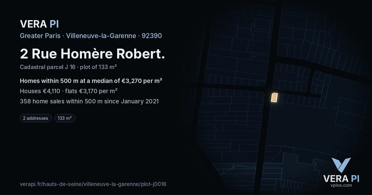 2 Rue Homère Robert, Villeneuve-la-Garenne at night – the plot lit, the parcels around coloured by the prices near them