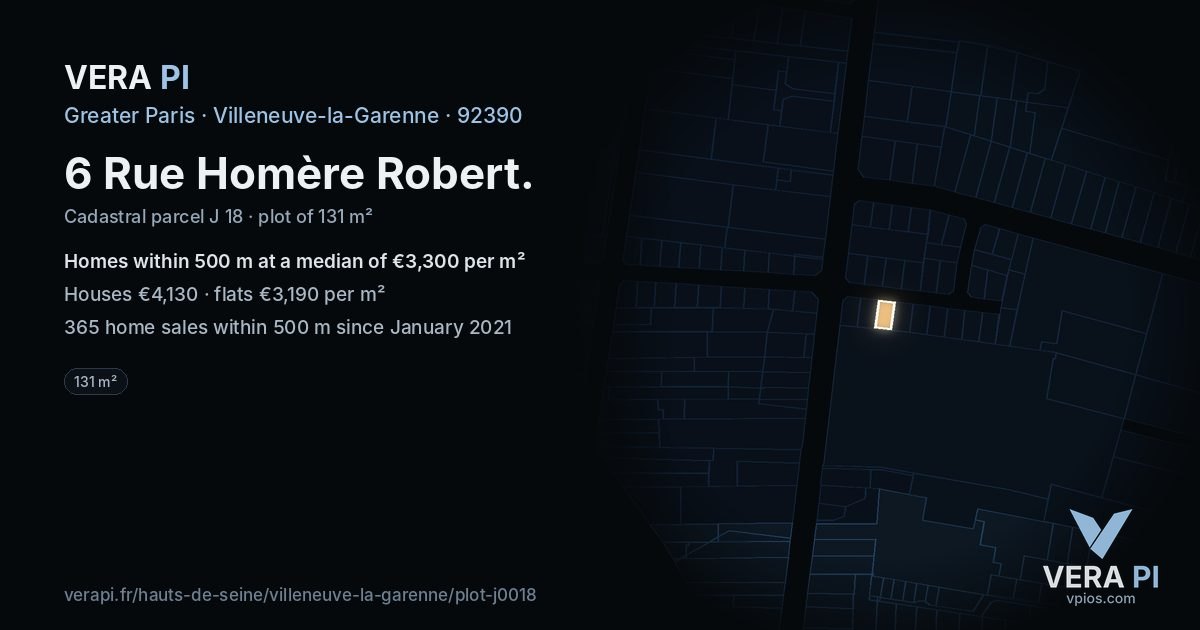 6 Rue Homère Robert, Villeneuve-la-Garenne at night – the plot lit, the parcels around coloured by the prices near them