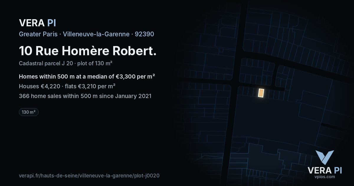 10 Rue Homère Robert, Villeneuve-la-Garenne at night – the plot lit, the parcels around coloured by the prices near them