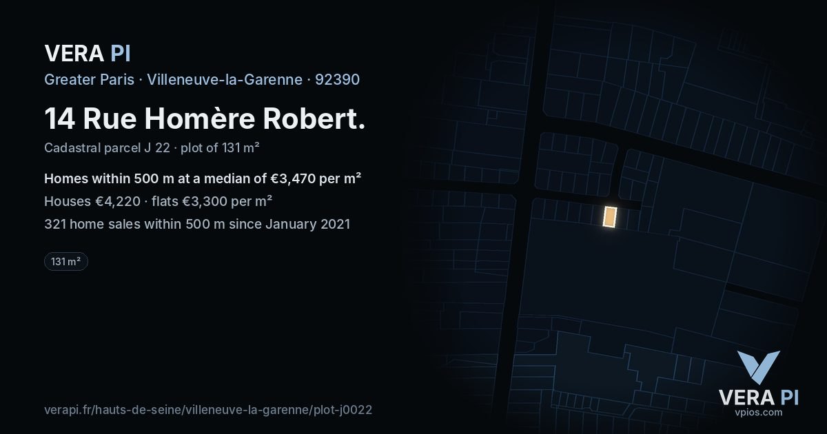 14 Rue Homère Robert, Villeneuve-la-Garenne at night – the plot lit, the parcels around coloured by the prices near them