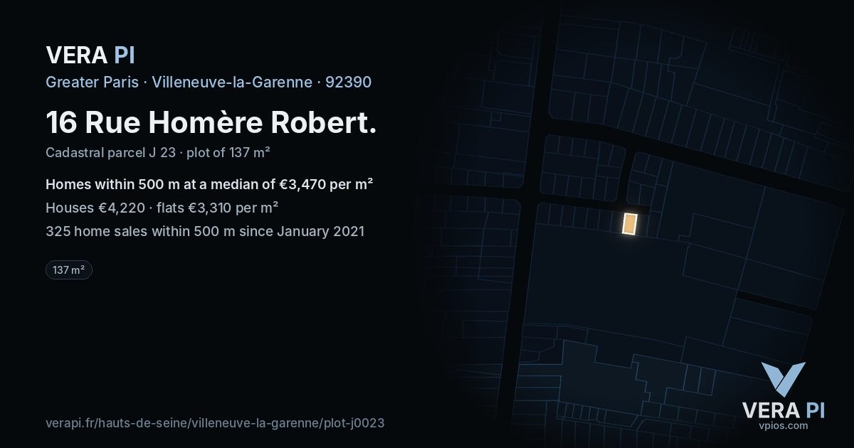 16 Rue Homère Robert, Villeneuve-la-Garenne at night – the plot lit, the parcels around coloured by the prices near them