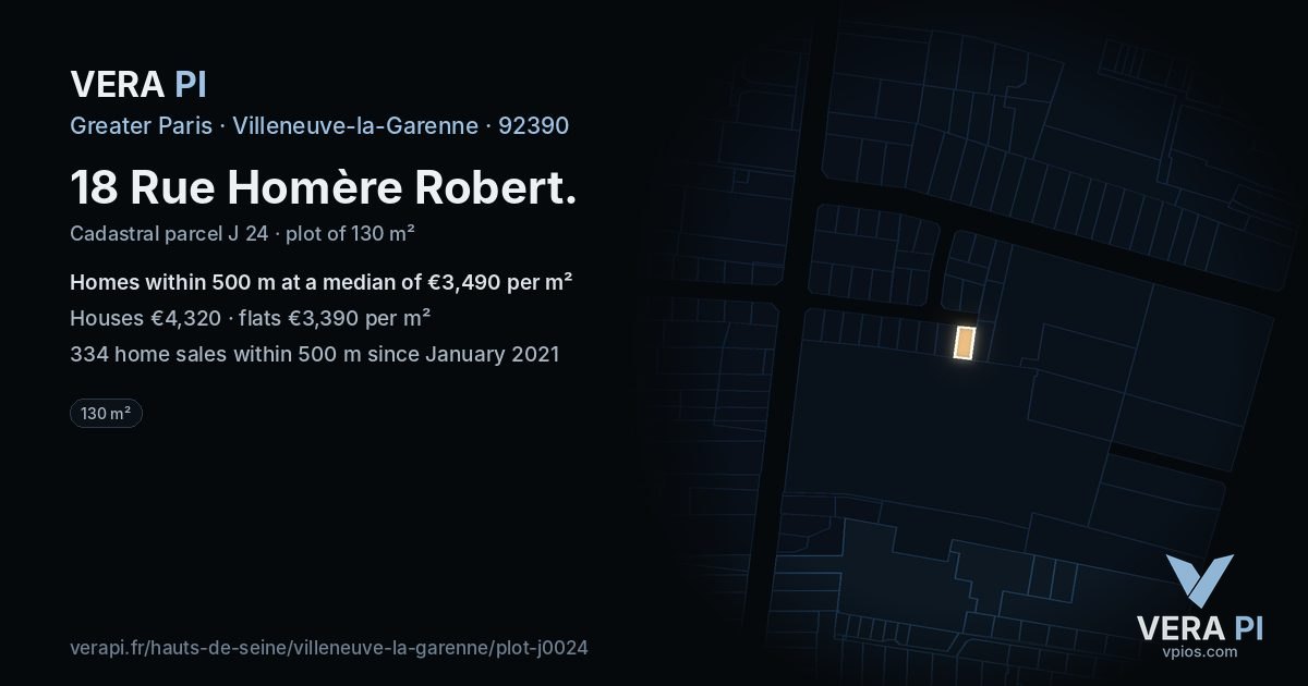 18 Rue Homère Robert, Villeneuve-la-Garenne at night – the plot lit, the parcels around coloured by the prices near them