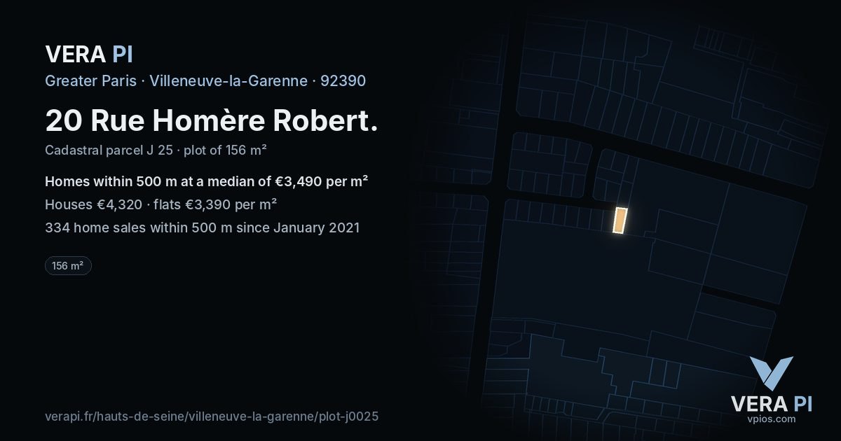 20 Rue Homère Robert, Villeneuve-la-Garenne at night – the plot lit, the parcels around coloured by the prices near them