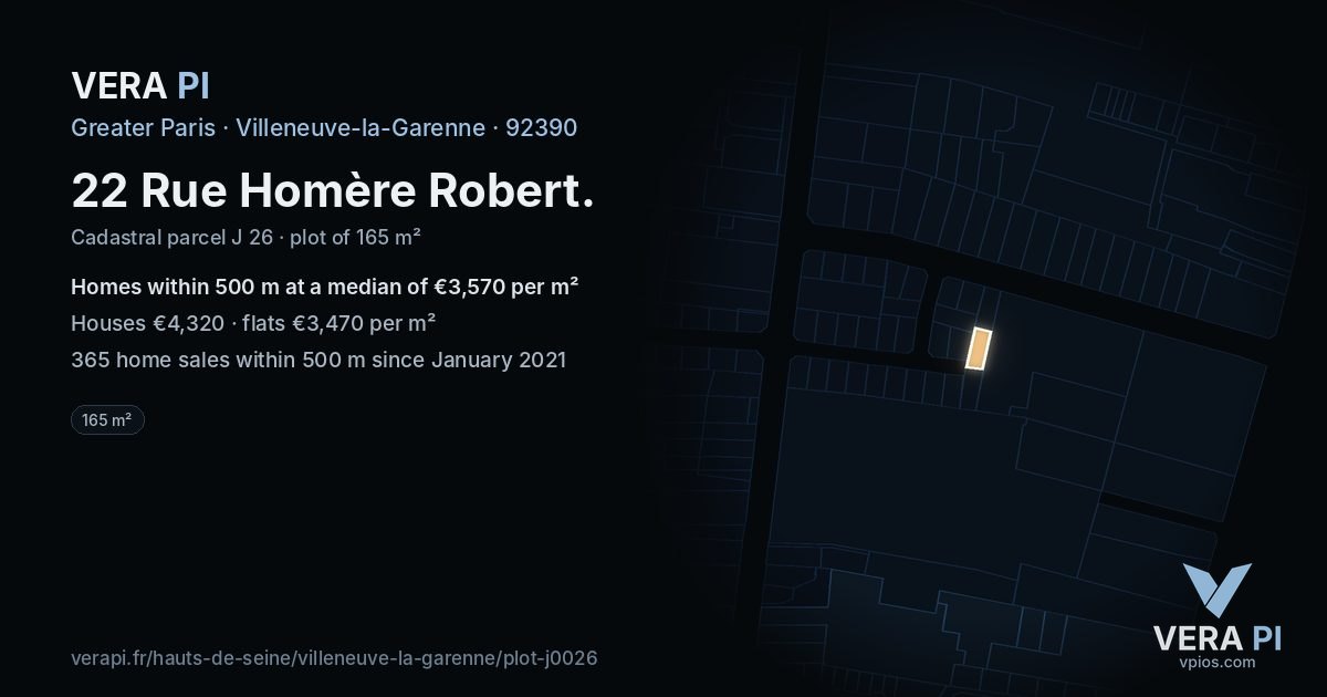 22 Rue Homère Robert, Villeneuve-la-Garenne at night – the plot lit, the parcels around coloured by the prices near them