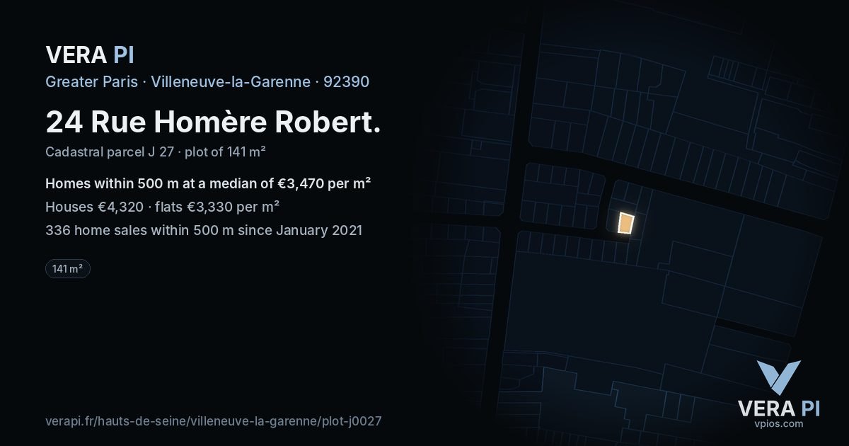 24 Rue Homère Robert, Villeneuve-la-Garenne at night – the plot lit, the parcels around coloured by the prices near them