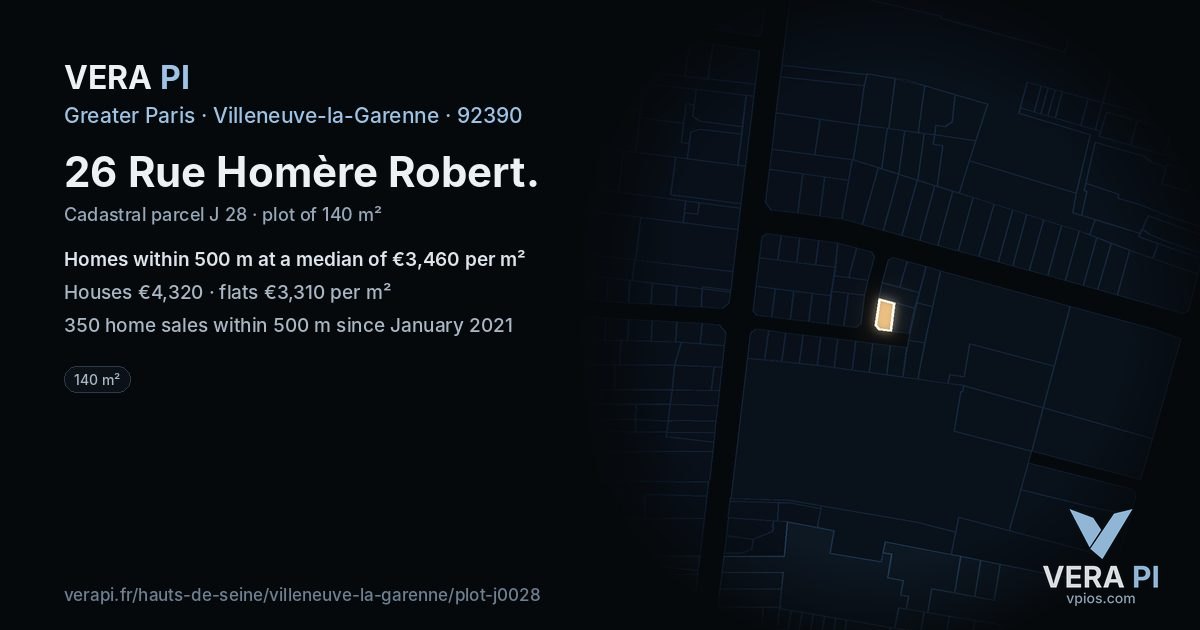 26 Rue Homère Robert, Villeneuve-la-Garenne at night – the plot lit, the parcels around coloured by the prices near them