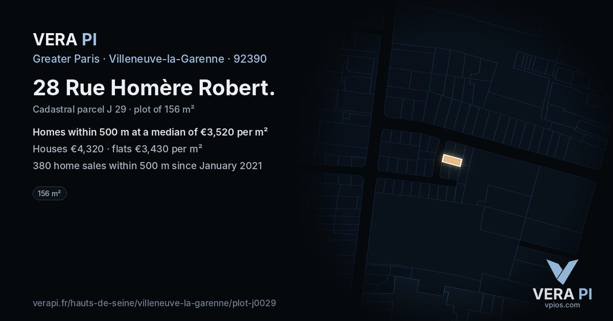 28 Rue Homère Robert, Villeneuve-la-Garenne at night – the plot lit, the parcels around coloured by the prices near them