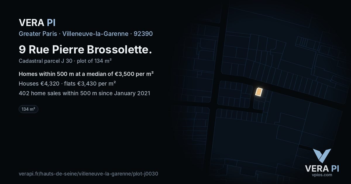 9 Rue Pierre Brossolette, Villeneuve-la-Garenne at night – the plot lit, the parcels around coloured by the prices near them
